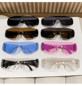 Matrix display of eight colors of rimless Y2K wraparound sports sunglasses in a row