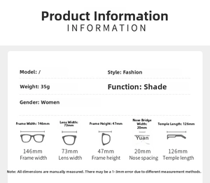 Tableau des tailles détaillé pour lunettes de soleil Y2K sans monture avec dimensions