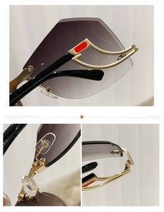 Detail of rimless Y2K sunglasses showing purple gradient lenses and gold metal hinges