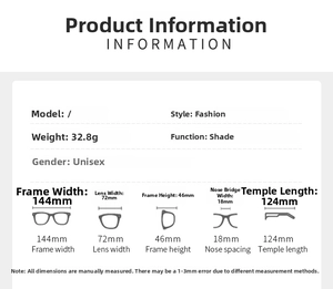 Detailed size specification chart for rimless Y2K star sports sunglasses with dimensions