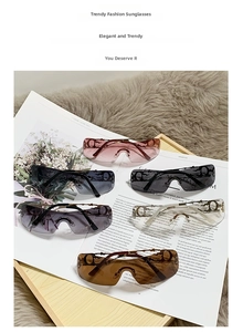 Detailed view of square rimless Y2K sunglasses in various colors on fashion magazine