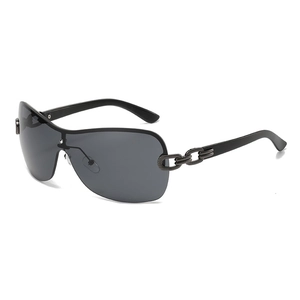 Y2K square semi-rimless sunglasses with dark grey oversized lenses and metal chain detail