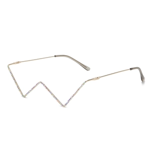 Fashionable half-frame gold metal eyeglasses frame with wavy lines and rainbow rhinestones