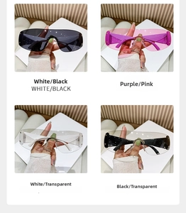 Detail view of Y2K rimless sports sunglasses in four colors: black, pink, and transparent