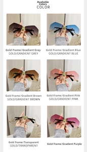 Six color options of rimless Y2K sunglasses with gold metal frames and gradient lenses
