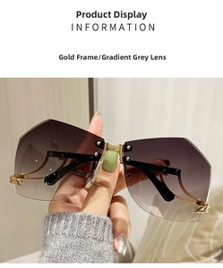 Detail view of rimless geometric sunglasses with gold metal frame and gradient grey lenses