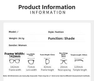 Detailed sizing chart and specifications for square rimless Y2K sunglasses for women