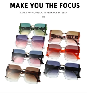 Detail view of stylish square rimless sunglasses in multiple gradient color options