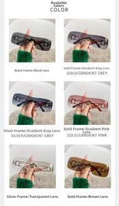 Detailed grid showing six color options for rimless square Y2K style sunglasses
