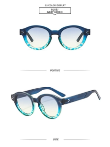 Details einer ovalen Sonnenbrille mit Metallnieten und blauem Schildpatt-Rahmen