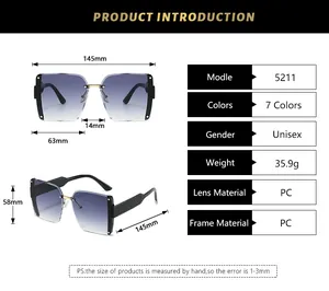Detailed size chart for square rimless sunglasses showing 145mm width and PC material specs