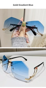 Detail of gold rimless sunglasses with blue gradient lenses and hollow geometric temples