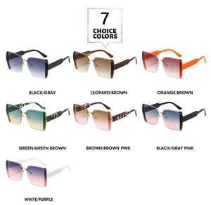 Detail view of square rimless sunglasses in seven fashion color gradients with metal bridges
