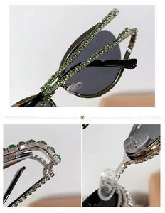 Détails macro de lunettes de soleil de luxe avec cristaux verts et monture argentée