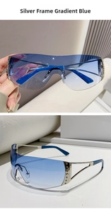 Détail de lunettes Y2K sans monture avec étoiles en strass et verres dégradés bleus