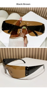 Detail of rimless Y2K sunglasses with brown lenses and star rivet accents on the temples
