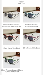 Vue détaillée de lunettes de soleil œil de chat avec strass multicolores et monture argent