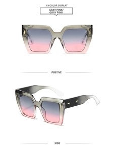 Détails des lunettes de soleil carrées grises avec verres dégradés roses et charnières dorées