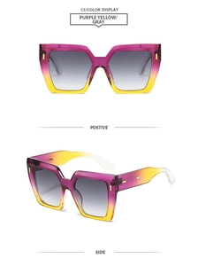 Vues de face et de profil de lunettes de soleil carrées dégradées violet et jaune