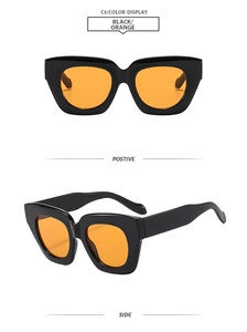 Vue détaillée des lunettes de soleil carrées noires avec verres orange sous deux angles
