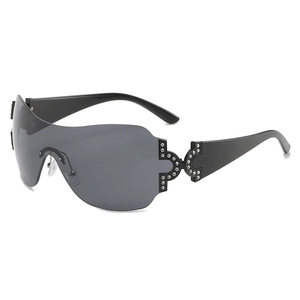 Chic Y2K rimless one-piece oversized sunglasses with rhinestone C-shaped temple design