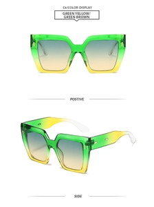 Vues détaillées de face et de côté de lunettes de soleil oversize dégradées vert et jaune