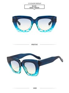 Détail de lunettes de soleil carrées dégradé bleu avec vues de face et de profil élégantes
