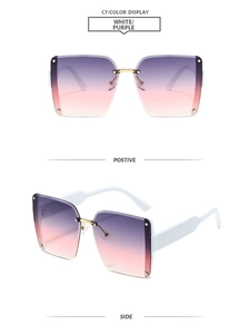 Detail view of square rimless gradient sunglasses with metal studs and textured white temples