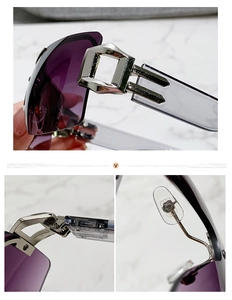 Gros plan de lunettes Y2K sans monture avec verres dégradés violets et détails en métal argent