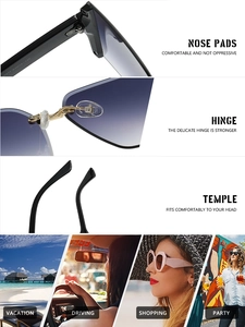 Detail view of comfortable nose pads and sturdy hinges on rimless square sunglasses