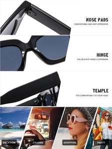 Détails macro de lunettes de soleil carrées montrant plaquettes et charnières