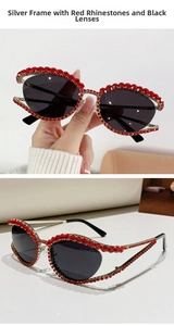 Détails des lunettes de soleil en métal argenté avec strass rouges et verres gris foncé
