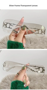 Detail of Y2K rimless square sunglasses featuring silver flame hollow metal temples