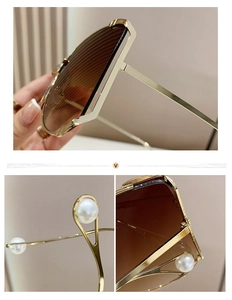 Detail of gold metal frame sunglasses featuring elegant pearl accents on the temple arms