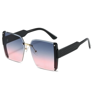 Fashion rimless square sunglasses with blue pink gradient lenses and textured temples