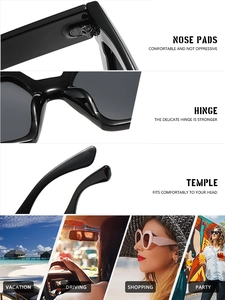 Détails des charnières renforcées et plaquettes de nez sur lunettes de soleil carrées chic