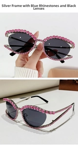 Détails de lunettes de soleil de luxe avec strass roses et monture en métal argenté