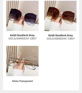 Detailed view of fashion Y2K metal D-frame sunglasses with gradient grey and transparent lenses
