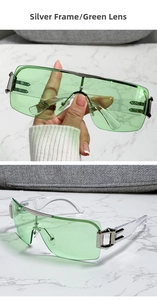 Détails de lunettes de soleil carrées à demi-monture avec barre argentée et verres verts
