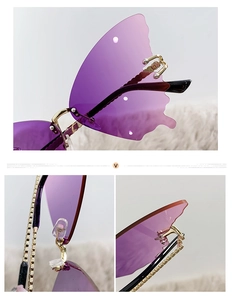 Détails de lunettes papillon sans monture avec verres dégradés violets ciselés