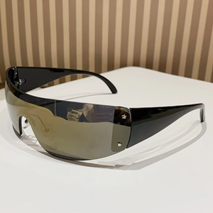 Y2K rimless one-piece sports sunglasses with silver star studs and black glossy frames