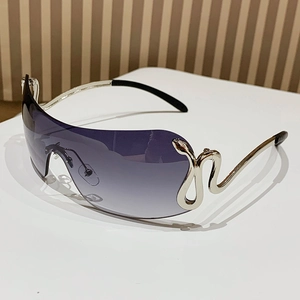 Y2K Randlose Shield-Sonnenbrille mit silbernen Schlangenbügeln und lila Verlaufsgläsern