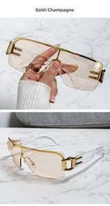 Détails de lunettes de soleil carrées à monture demi-cerclée dorée et verres champagne