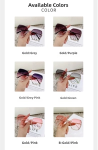 Close-up of stylish rimless butterfly sunglasses with diamond accents in various gradient tints