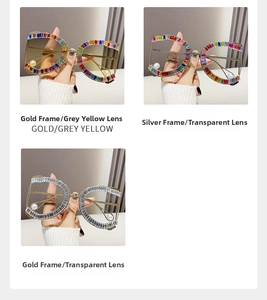 Detail of oversized D-frame sunglasses with colorful crystals and pearl-tipped temples