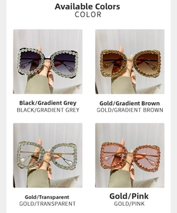 Detail showing oversized D-frame sunglasses with rhinestones in four stylish colors