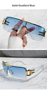 Détail de lunettes de soleil en métal doré avec verres dégradés bleus et charnières luxe