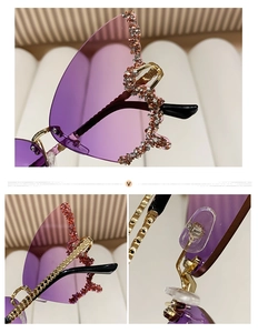 Macro detail of rhinestone-encrusted gradient purple butterfly lens and gold metal hinges