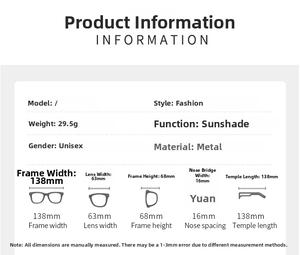Detailed size specifications for rimless butterfly sunglasses with metal frame and lens dimensions