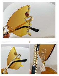 Detailed views of butterfly-shaped rimless sunglasses with colorful rhinestones and gold temples